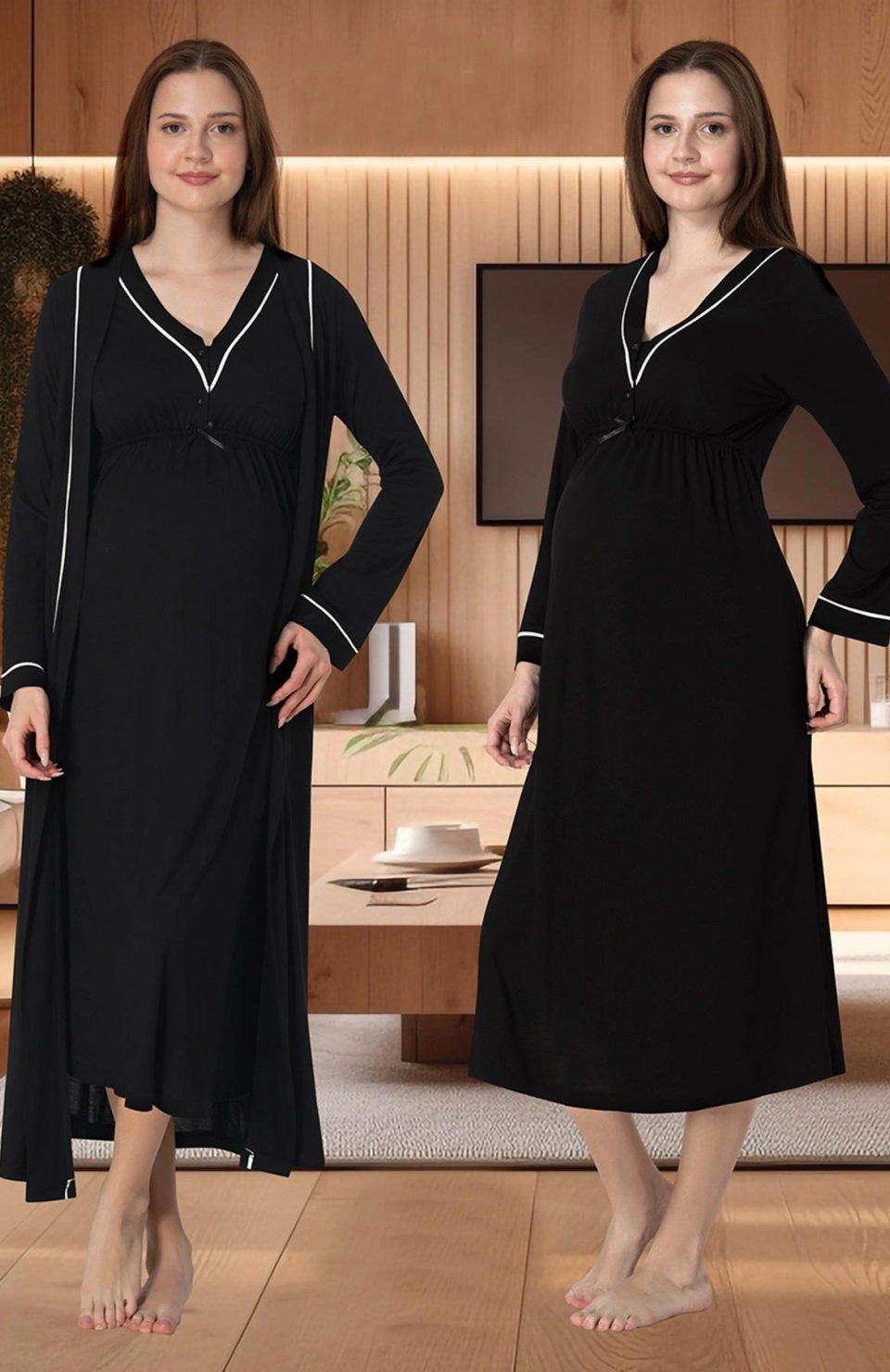 Effortt 4055 Biye Detaylı Sabahlıklı Lohusa Gecelik Takımı