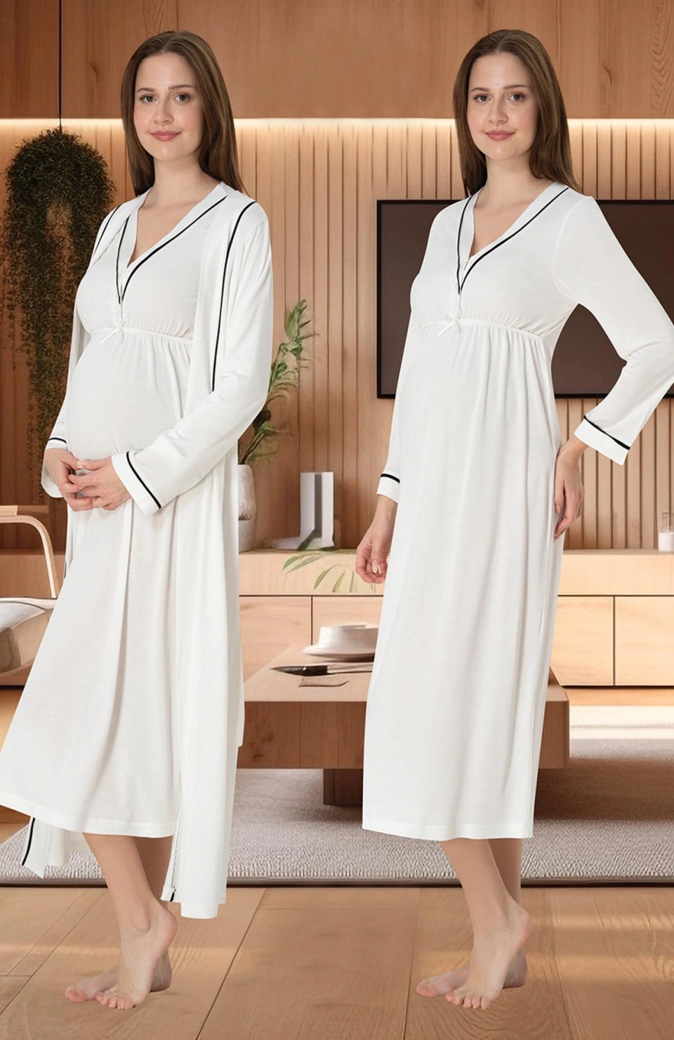 Effortt 4055 Biye Detaylı Sabahlıklı Lohusa Gecelik Takımı