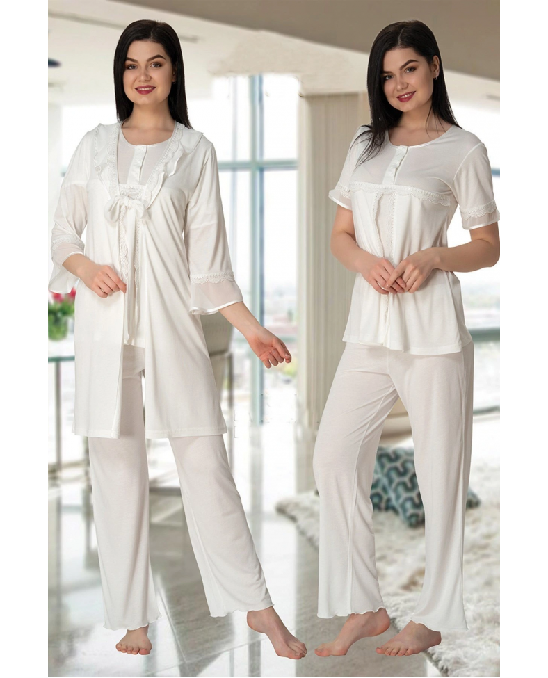 Effortt 4074 Kolları Volanlı Sabahlıklı Lohusa Pijama Takımı