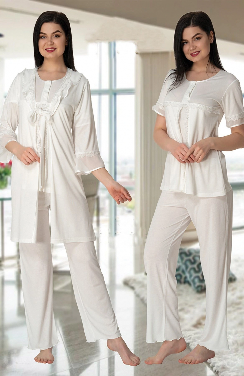 Effortt 4074 Kolları Volanlı Sabahlıklı Lohusa Pijama Takımı