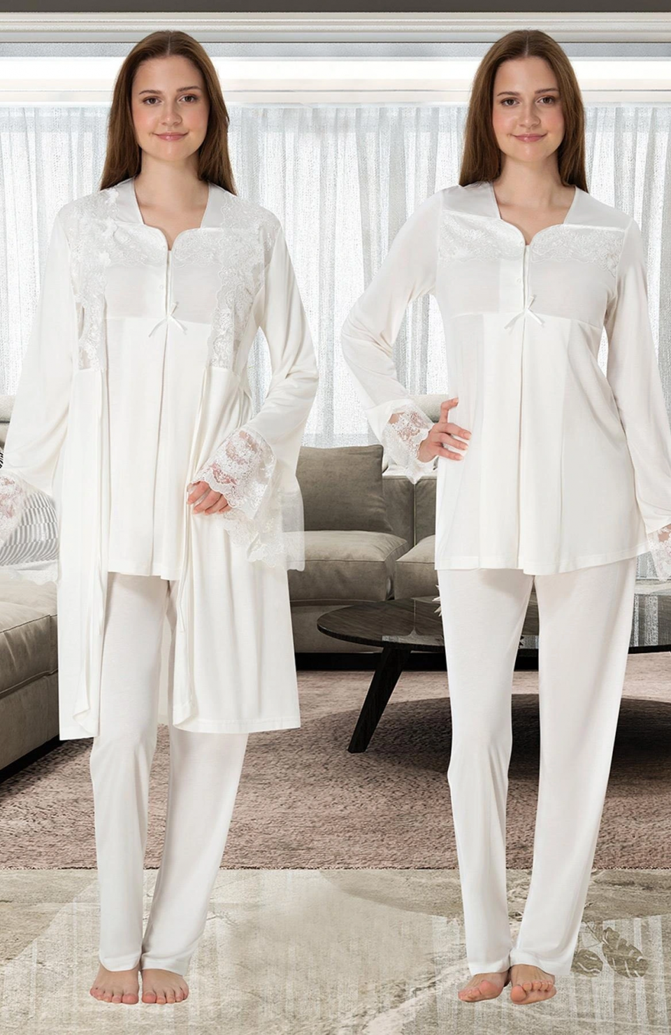 Effortt 4084 Dantelli Sabahlıklı Lohusa Pijama Takımı