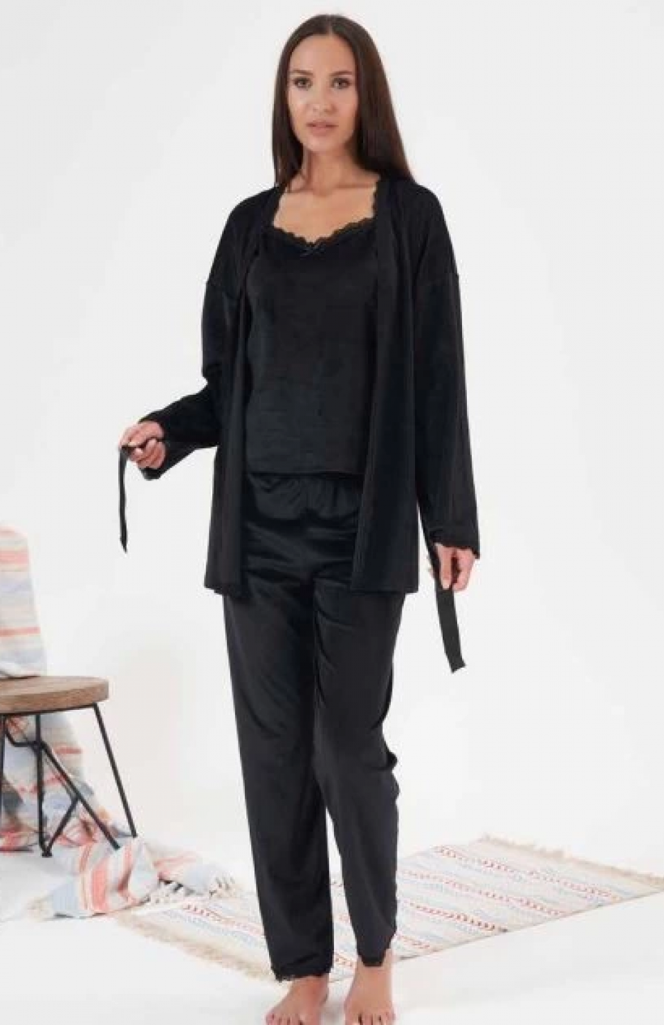 Estiva 24397 Bayan Kadife 3'lü Pijama Takım