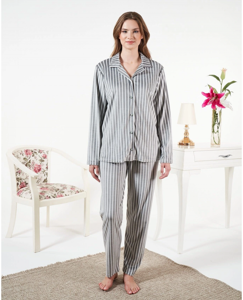 Estiva 25360 Gömlek Yaka Çizgili Kadife Pijama Takımı