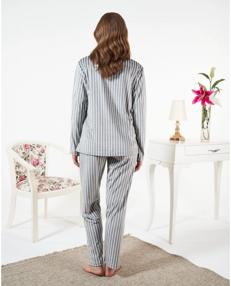 Estiva 25360 Gömlek Yaka Çizgili Kadife Pijama Takımı