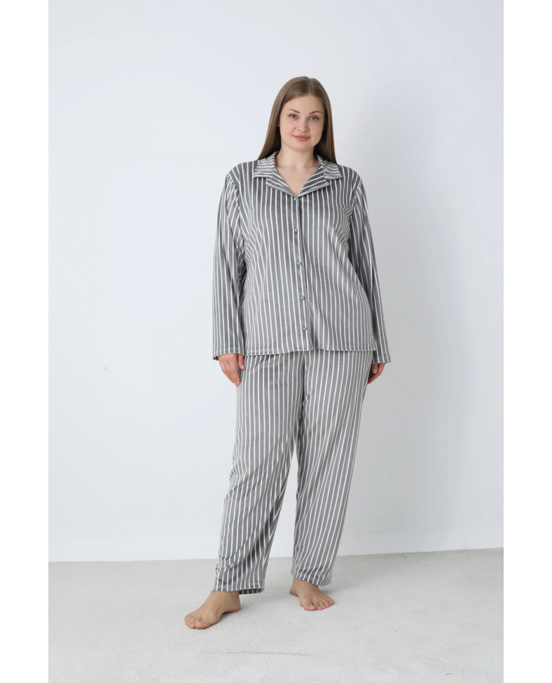 Estiva 25370 Gömlek Yaka Battal Kadife Pijama Takımı