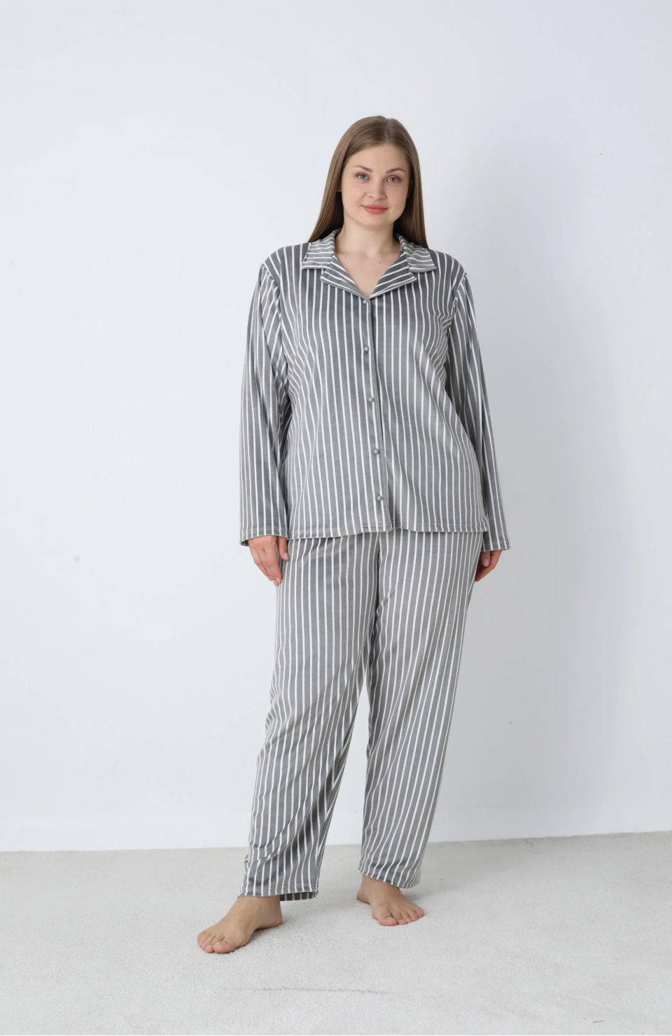 Estiva 25370 Gömlek Yaka Battal Kadife Pijama Takımı