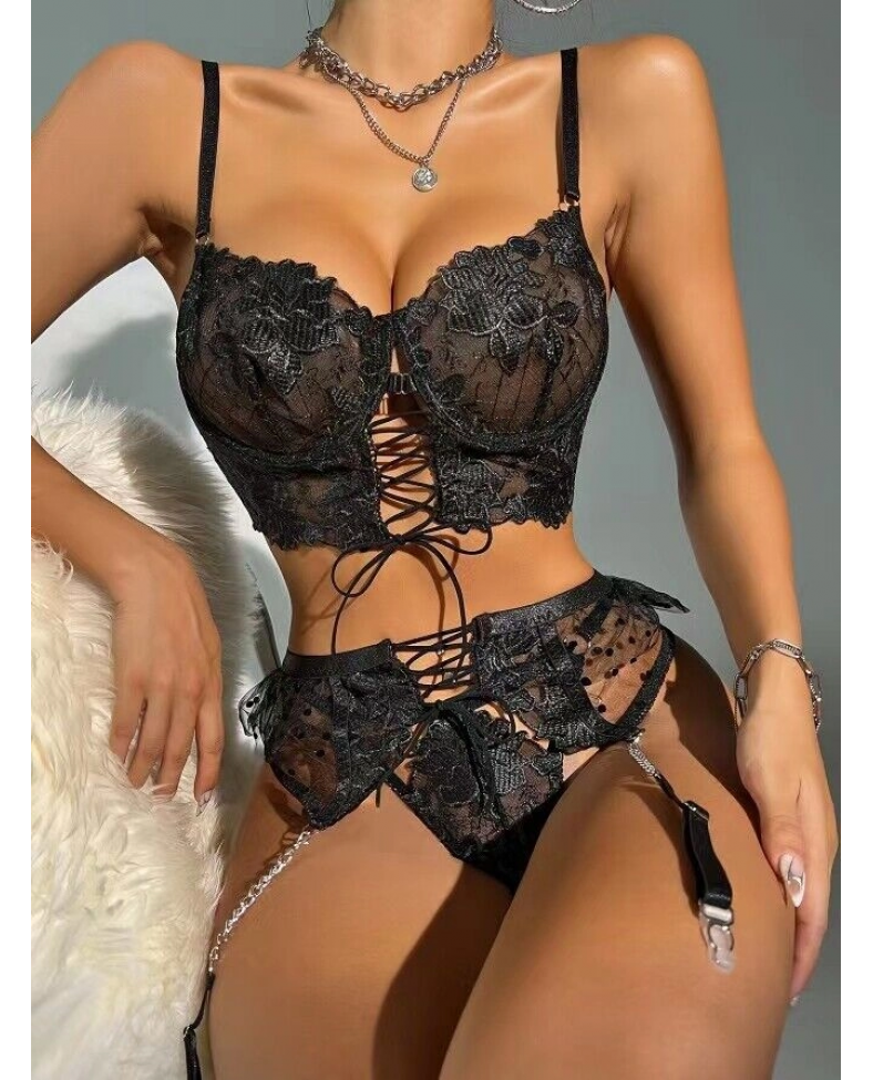 For Dreams 8451 Siyah Tül Puantiye ve Bağlama Detaylı Zincirli Jartiyer Takım Somersan Giyim | Kadın, Erkek ve Çocuk Moda