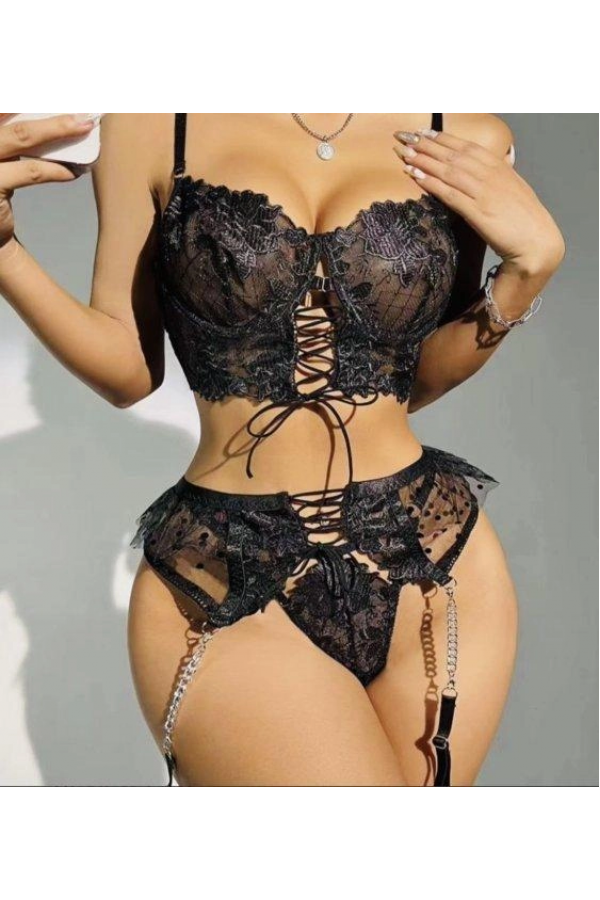 For Dreams 8451 Siyah Tül Puantiye ve Bağlama Detaylı Zincirli Jartiyer Takım