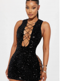 For Dreams 8484 Payetli Fantezi Siyah Mini Elbise