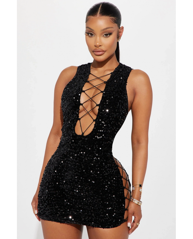 For Dreams 8484 Payetli Fantezi Siyah Mini Elbise