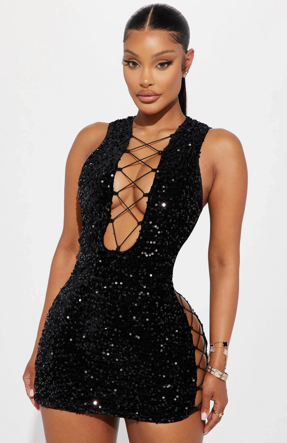 For Dreams 8484 Payetli Fantezi Siyah Mini Elbise