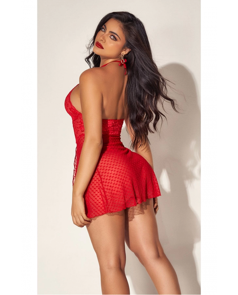 For Dreams 8604 Kırmızı Dantelli Boyundan Askılı Gecelik Takım