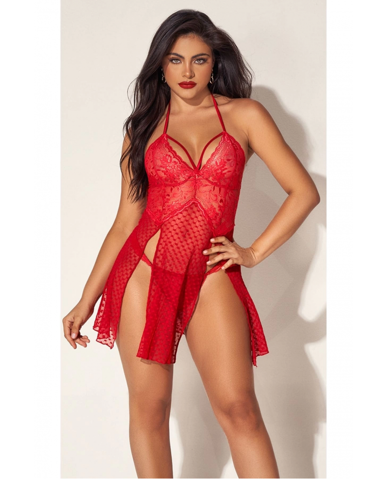 For Dreams 8604 Kırmızı Dantelli Boyundan Askılı Gecelik Takım