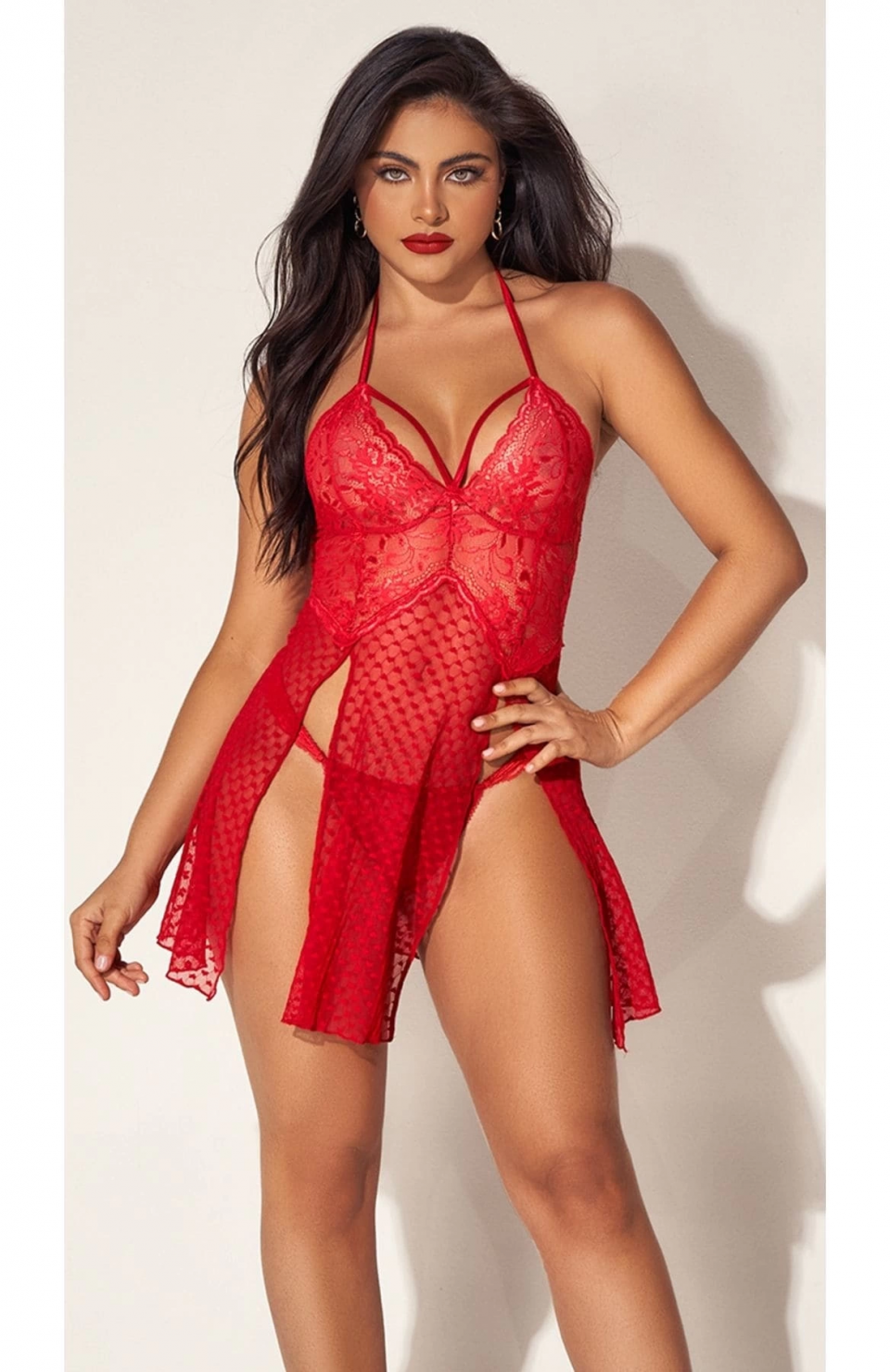 For Dreams 8604 Kırmızı Dantelli Boyundan Askılı Gecelik Takım