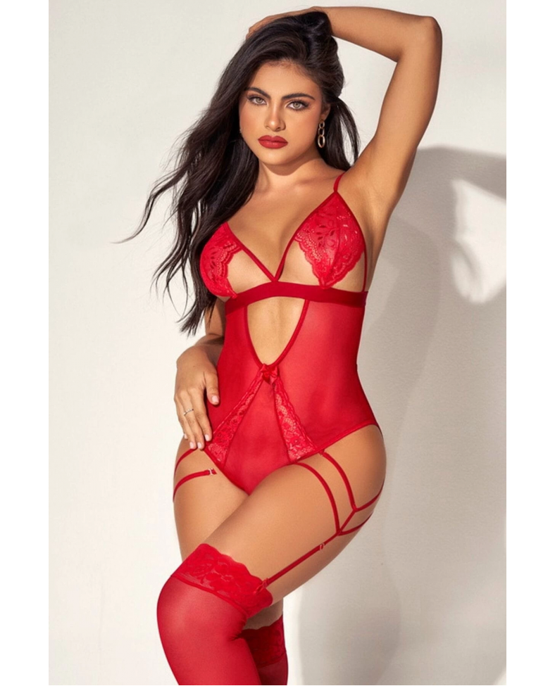 For Dreams 8609 Tül Dantel Fantezi Kadın Body Jartiyer Takım