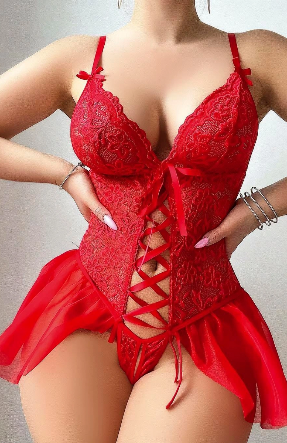 Freshness 3670 Dantel Detaylı Önü Dekolteli Fantezi Babydoll