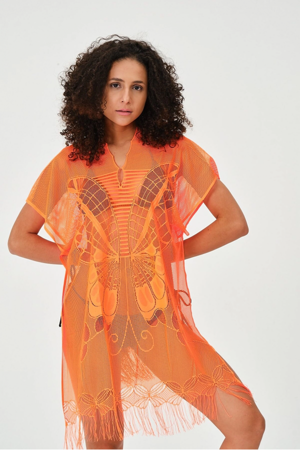 Freshness Kadın Dantelli Kelebek Desen Ve Düz Püsküllü File Pareo