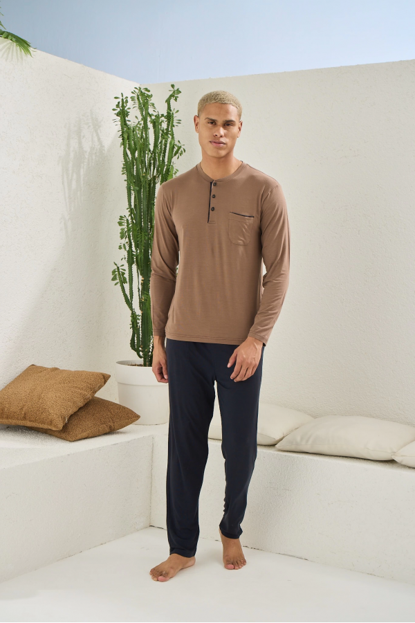 Kocabey 9220 Erkek Midi Yaka Uzun Kol Pijama Takım