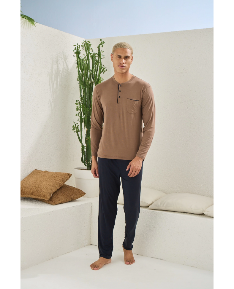 Kocabey 9220 Erkek Midi Yaka Uzun Kol Pijama Takım