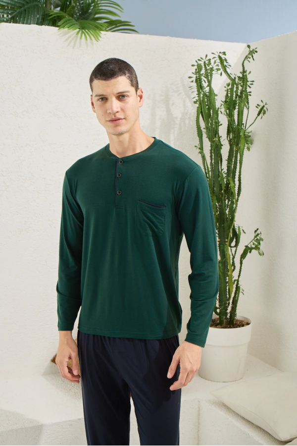 Kocabey 9220 Erkek Midi Yaka Uzun Kol Pijama Takım