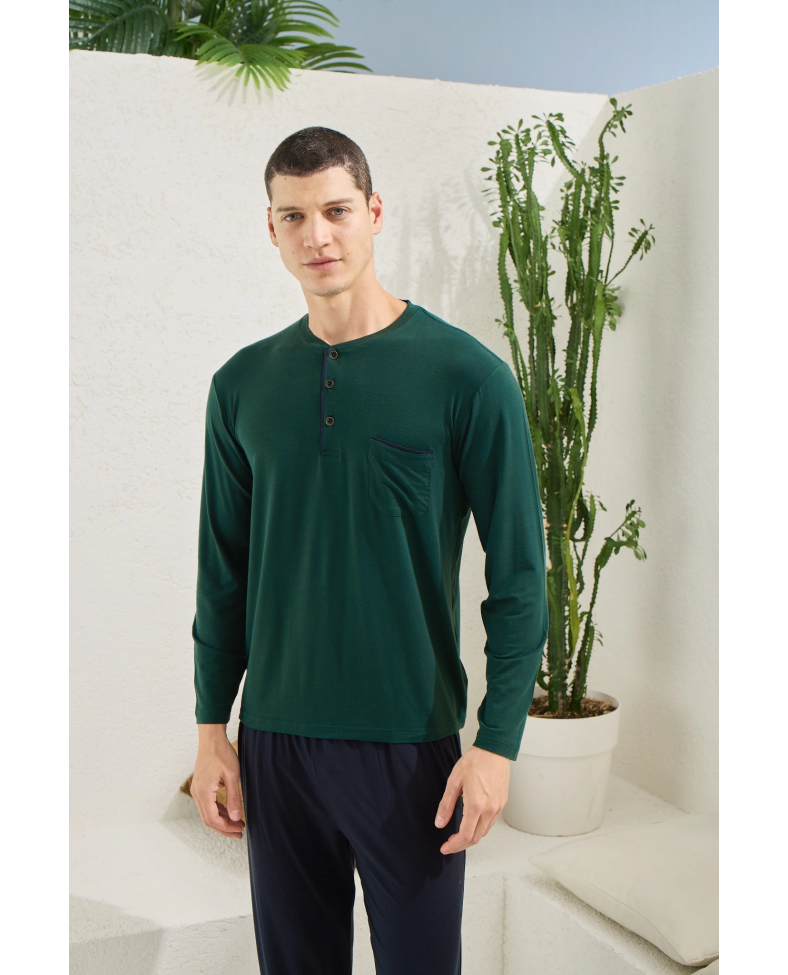 Kocabey 9220 Erkek Midi Yaka Uzun Kol Pijama Takım