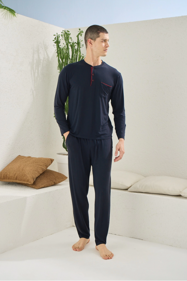 Kocabey 9220 Erkek Midi Yaka Uzun Kol Pijama Takım