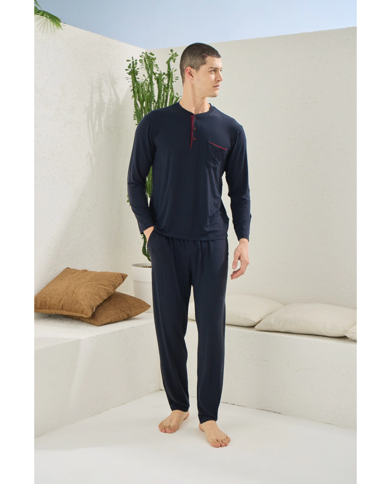 Kocabey 9220 Erkek Midi Yaka Uzun Kol Pijama Takım