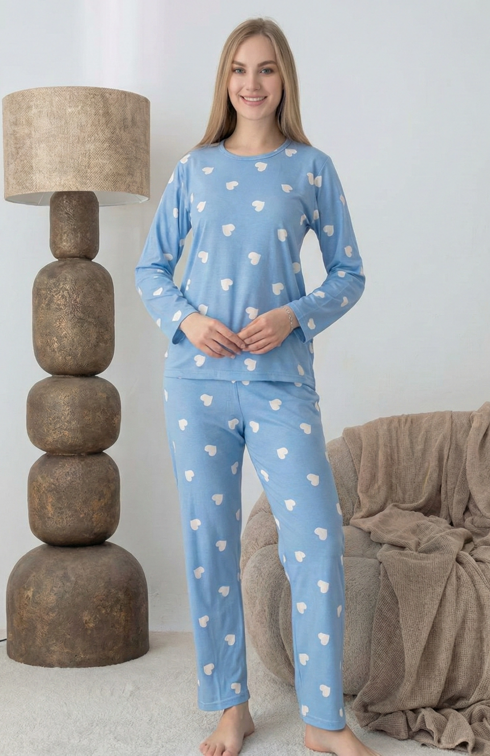 Lindros 0440 Kadın Süet Uzun Kol Pijama Takımı