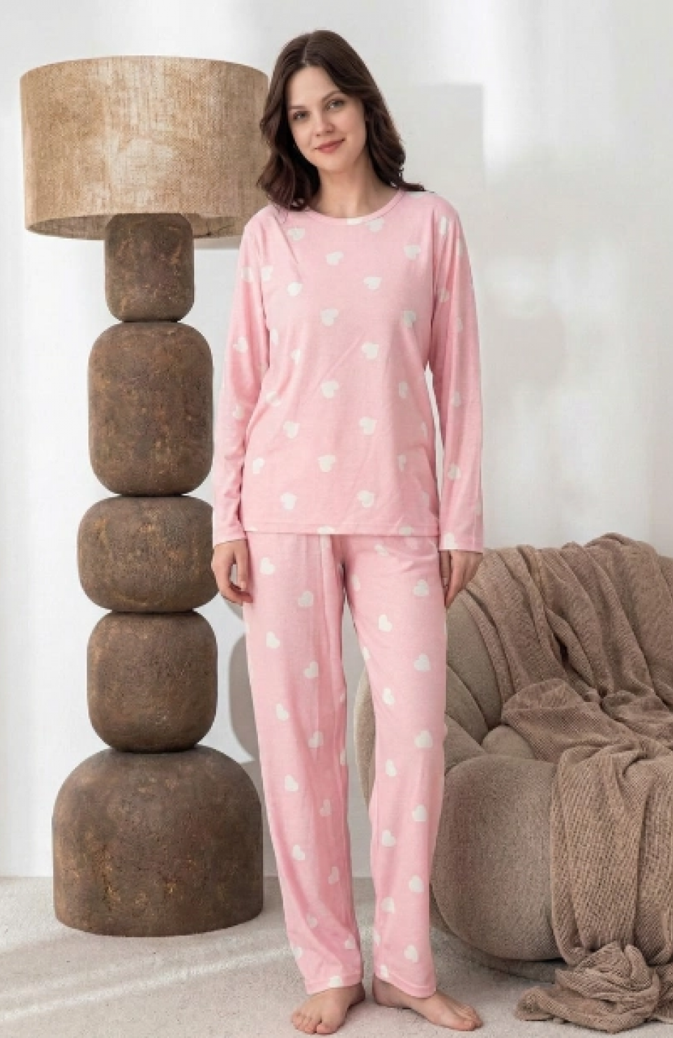 Lindros 0532 Kadın Süet Uzun Kol Pijama Takımı