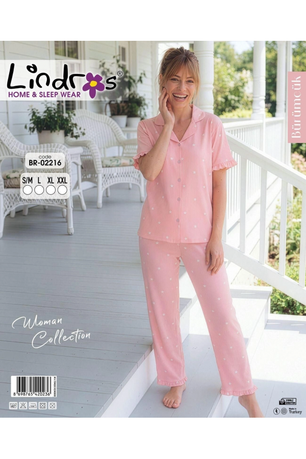 Lindros BR-02216 Kadın Kısa Kollu Bürümcük Düğmeli Pijama Takım