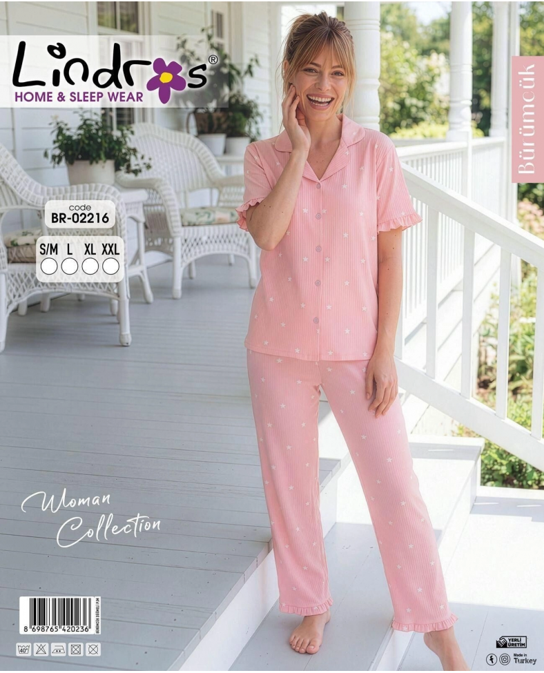 Lindros BR-02216 Kadın Kısa Kollu Bürümcük Düğmeli Pijama Takım