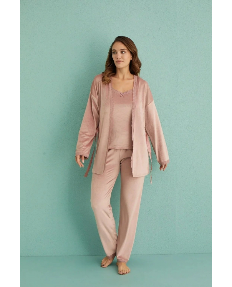 Mihra 13402 Kadın Kadife 3'Lü Pijama Takımı