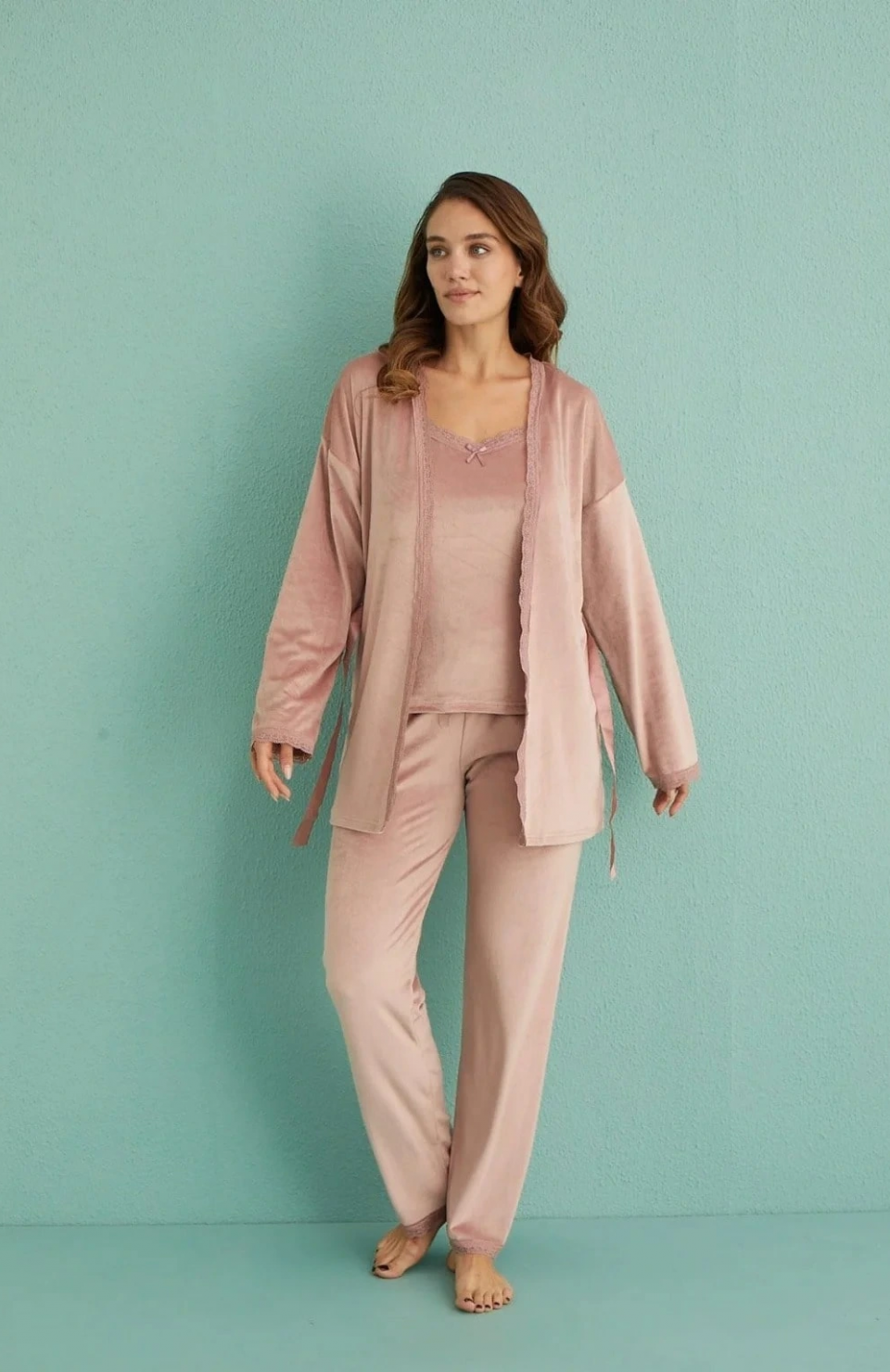 Mihra 13402 Kadın Kadife 3'Lü Pijama Takımı