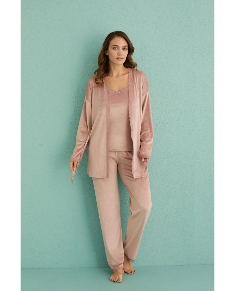 Mihra 13402 Kadın Kadife 3'Lü Pijama Takımı
