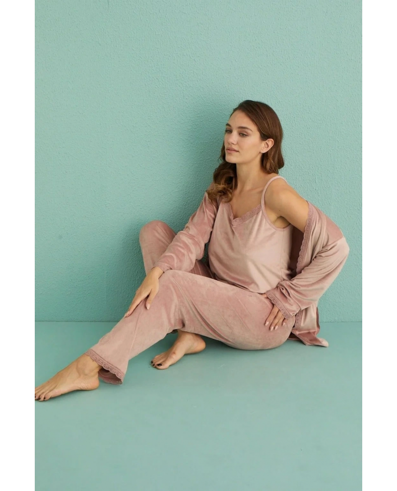 Mihra 13402 Kadın Kadife 3'Lü Pijama Takımı