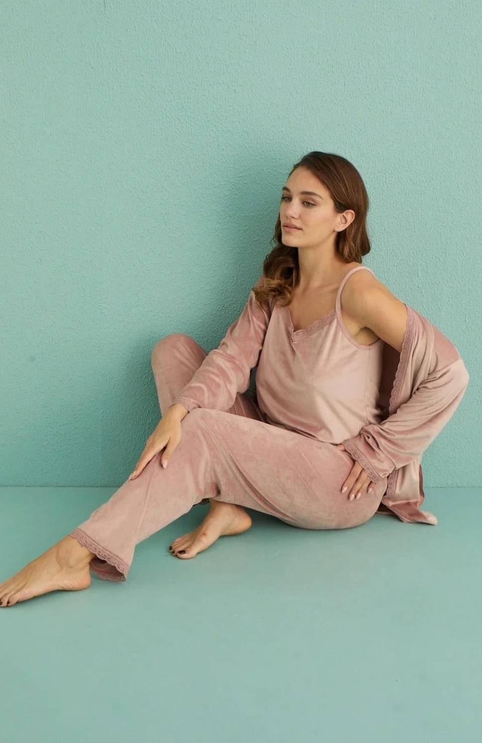 Mihra 13402 Kadın Kadife 3'Lü Pijama Takımı