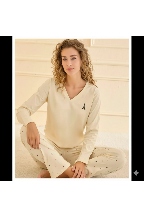 Mihra 90759 Kadın V Yaka Uzun Kol Pijama Takımı