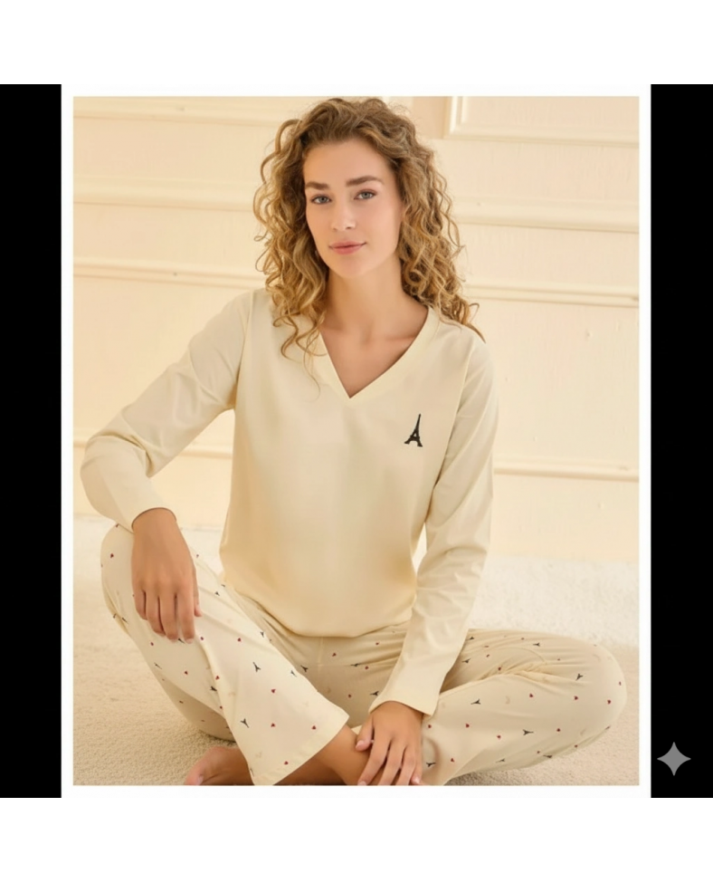 Mihra 90759 Kadın V Yaka Uzun Kol Pijama Takımı