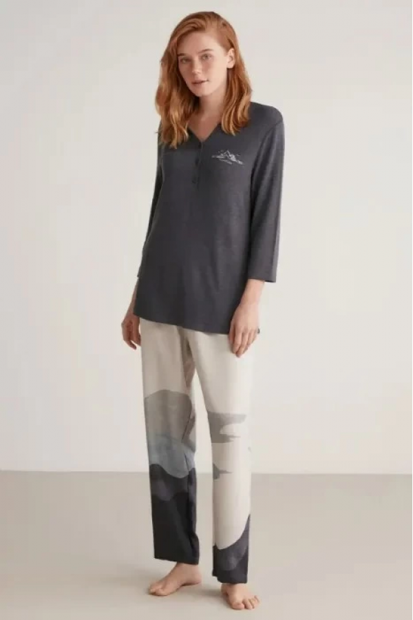 Nautıca W604 Kadın Patlı V Yaka Uzun Kollu Pijama Takımı