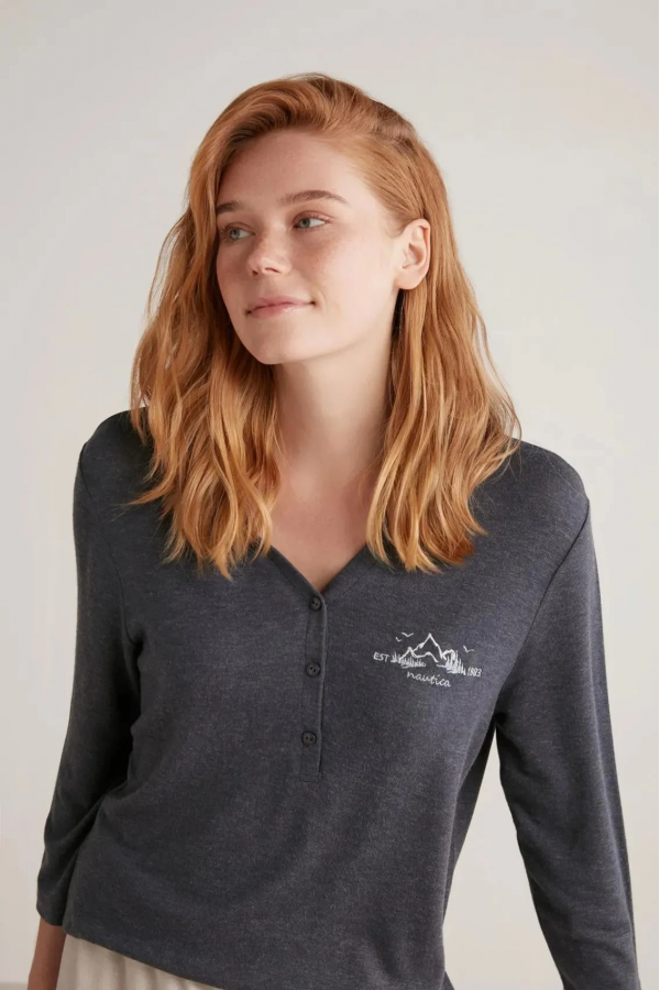 Nautıca W604 Kadın Patlı V Yaka Uzun Kollu Pijama Takımı