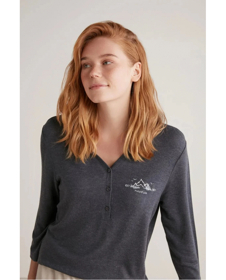 Nautıca W604 Kadın Patlı V Yaka Uzun Kollu Pijama Takımı