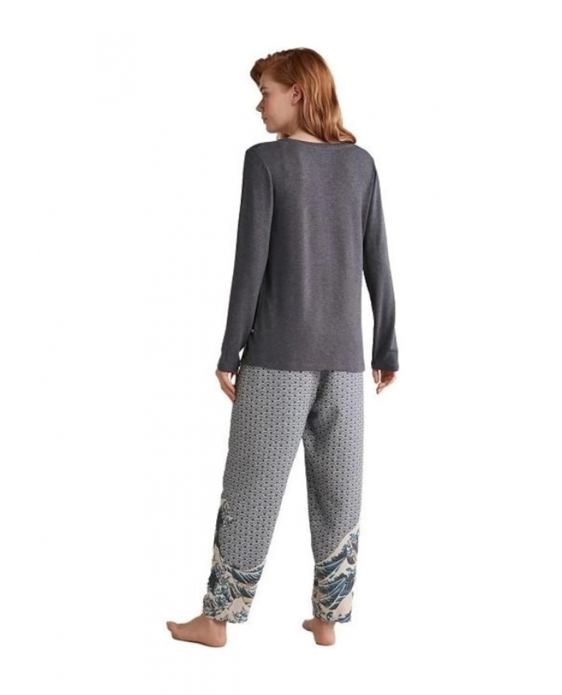 Nautıca W618 Kadın Patlı V Yaka Uzun Kollu Pijama Takımı