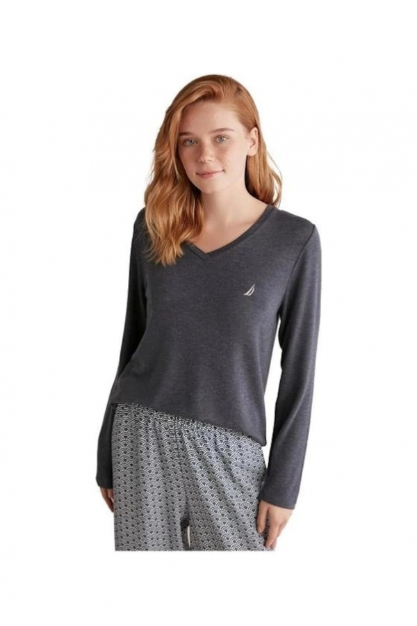Nautıca W618 Kadın Patlı V Yaka Uzun Kollu Pijama Takımı