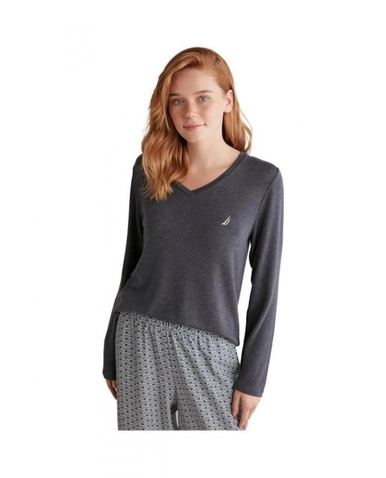 Nautıca W618 Kadın Patlı V Yaka Uzun Kollu Pijama Takımı