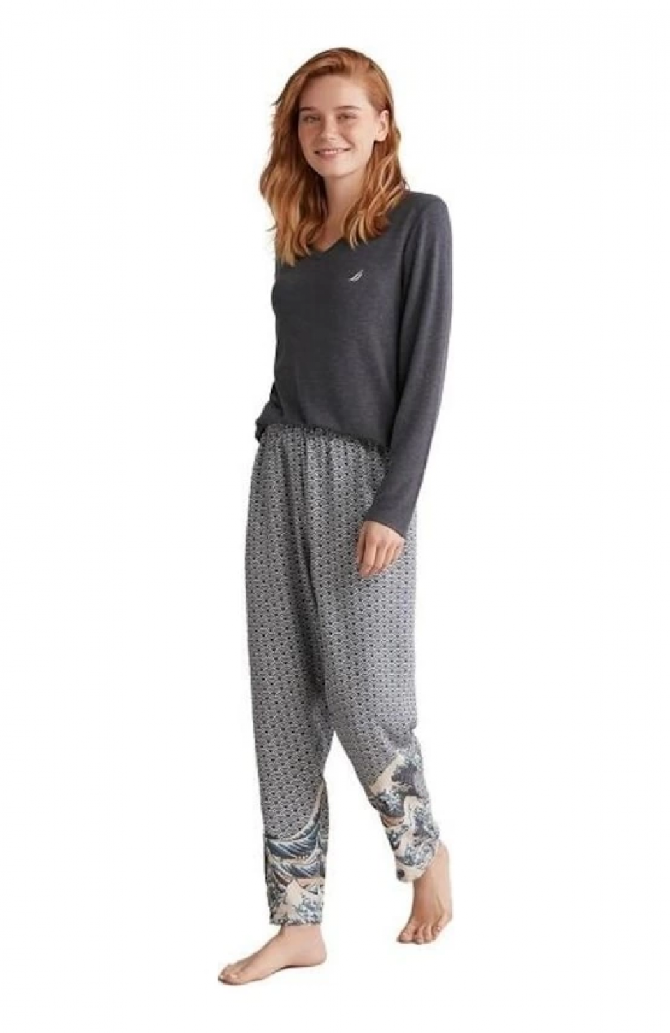Nautıca W618 Kadın Patlı V Yaka Uzun Kollu Pijama Takımı