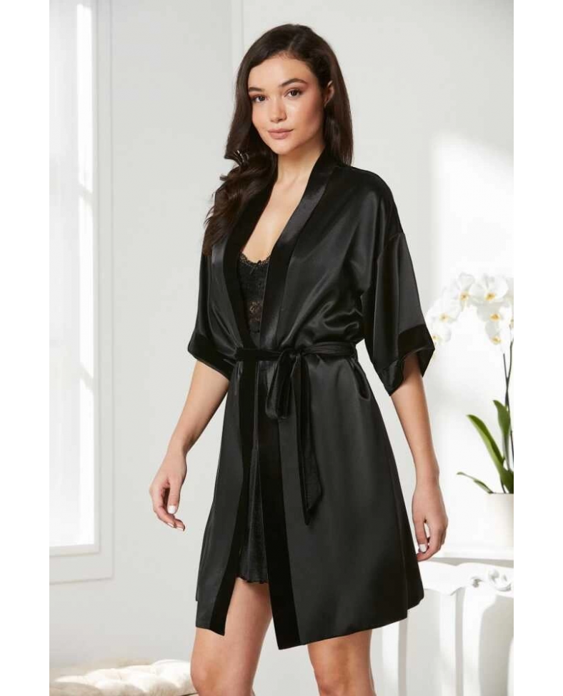 Pierre Cardin 4045 Kadife Saten Dantelli Gecelik ve Sabahlık Takımı