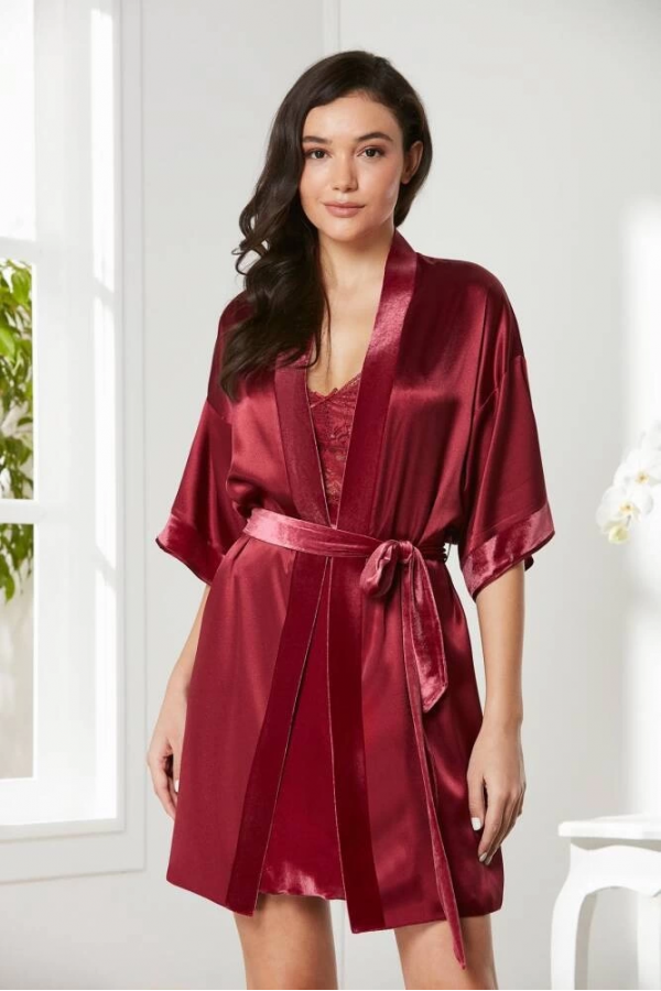 Pierre Cardin 4045 Kadife Saten Dantelli Gecelik ve Sabahlık Takımı