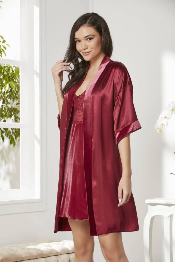 Pierre Cardin 4045 Kadife Saten Dantelli Gecelik ve Sabahlık Takımı