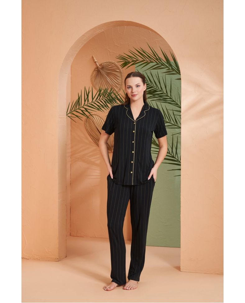 Pjs 27042 Kadın Kısa Kol Çizgili Önü Düğmeli Pijama Takımı Somersan Giyim | Kadın, Erkek ve Çocuk Moda