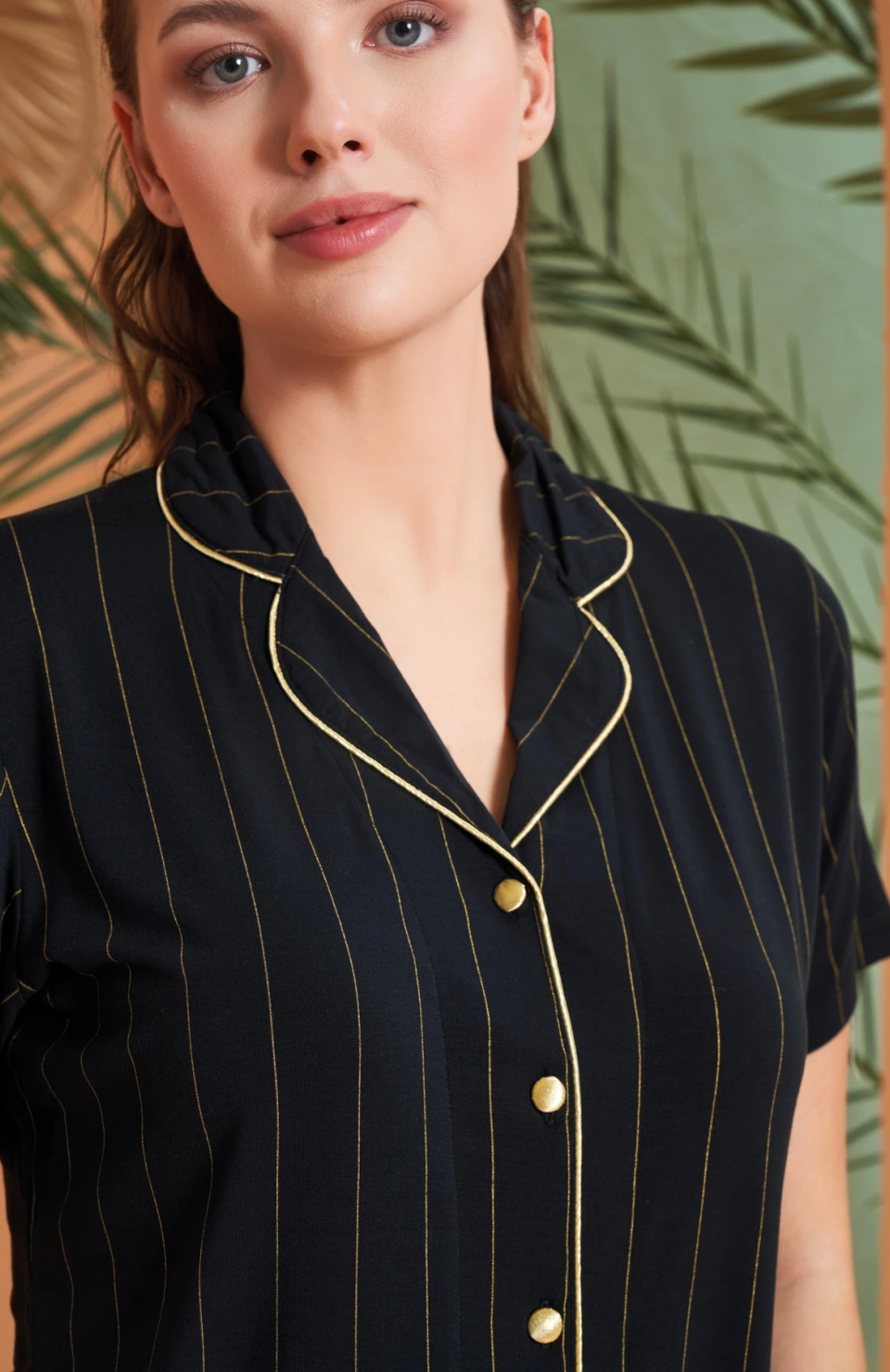 Pjs 27042 Kadın Kısa Kol Çizgili Önü Düğmeli Pijama Takımı